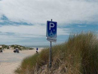 A blue handicap parking sign on a sandy beach with dune grass under a clear sky.